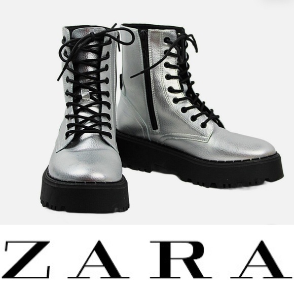 Zara Shoes - Gorgeous, Zara silver metallic lace up combat boots❤️